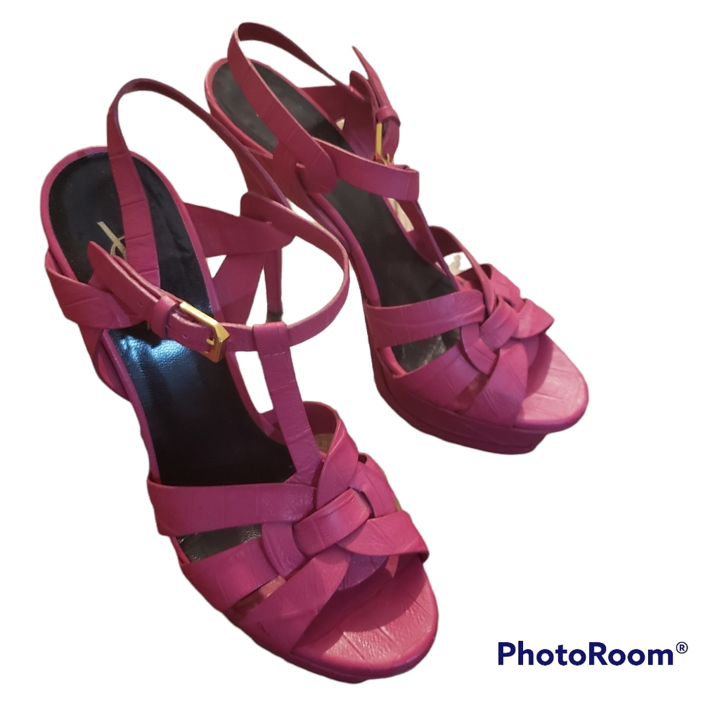 Saint Laurent Tribute leather hot Pink Pumps Sandals 38 1/2 us 8 barbie Core